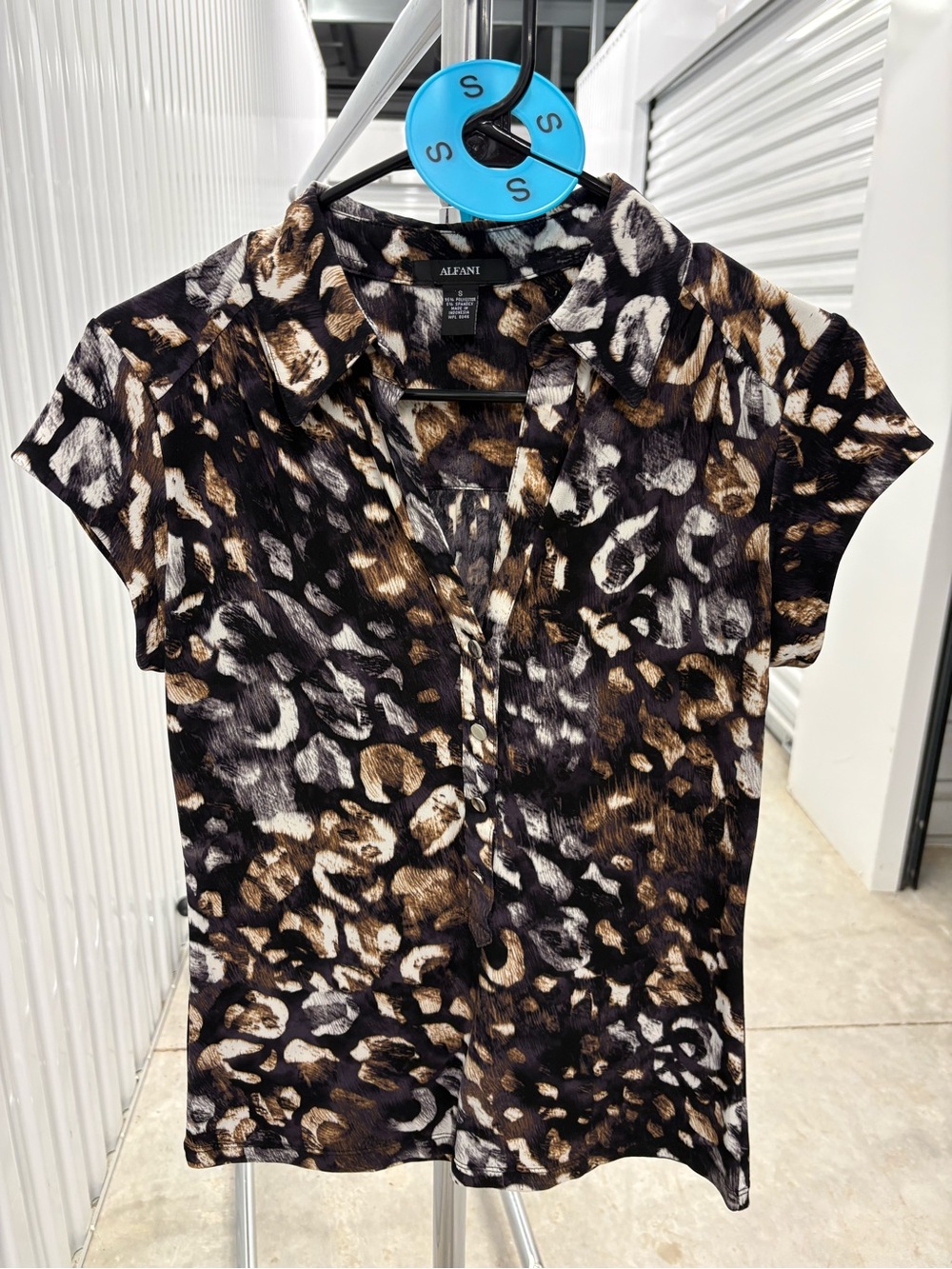Alfani Women’s Short-Sleeve Leopard Polo in Black, Brown & White